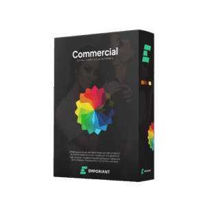 Commercial LUT Box Mockup showcasing a Title Commerical on a Black box with transparent Commercial Photos Shoots with models, a color chart in the middle and Emporiant logo