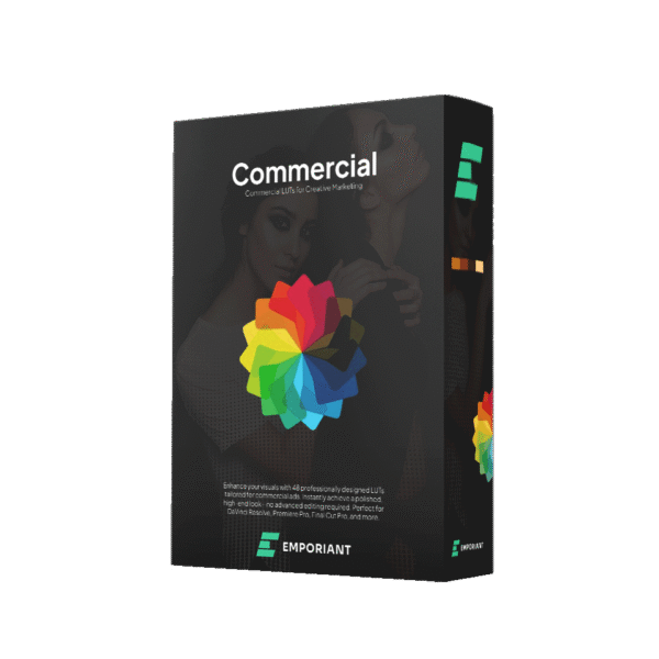 Commercial LUT Box Mockup showcasing a Title Commerical on a Black box with transparent Commercial Photos Shoots with models, a color chart in the middle and Emporiant logo