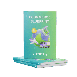 Book Mockup showcasing a blue-green gradient and Ecommerce Blueprint with a cartoonized 3d render of globe, airplane, coin, truck and a city with 5 stars and Emporiant - Anto Markunovic text at the bottom