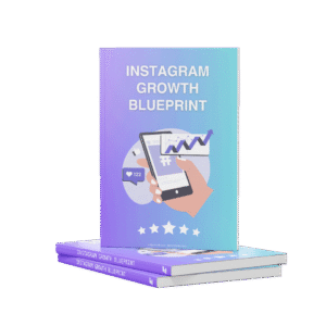 Book Mockup with Violet-Blue gradient, title Instagram Growth Blueprint, hand holding a phone mockup with graph of growth and 122 likes. 5 Stars at the bottom with text Emporiant - Anto Markunovic