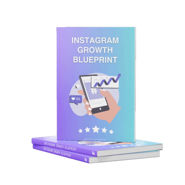 Book Mockup with Violet-Blue gradient, title Instagram Growth Blueprint, hand holding a phone mockup with graph of growth and 122 likes. 5 Stars at the bottom with text Emporiant - Anto Markunovic