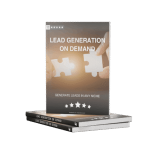 Lead generation on Demand ebook cover showcasing a title, 5 stars and a puzzle piece on a glowing warm background