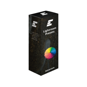 Lightroom Preset Mockup showcasing a tall Box with Emporiant Logos, Color chart and transparent Background of adventure with Title "Lightroom Presets" and Adventure
