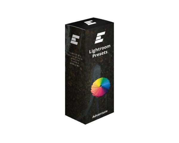 Lightroom Preset Mockup showcasing a tall Box with Emporiant Logos, Color chart and transparent Background of adventure with Title "Lightroom Presets" and Adventure