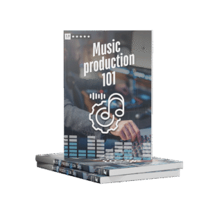 Music Production 101 headline on a book mockup with a gear, music note and sound pattern. Background si a tone engineer on a mixer adjusting tone.