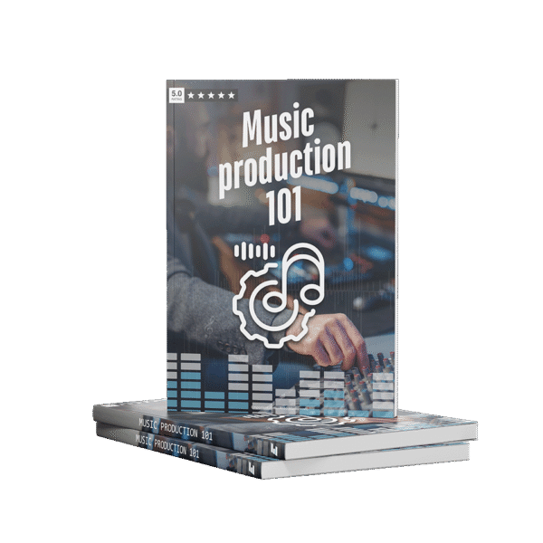Music Production 101 headline on a book mockup with a gear, music note and sound pattern. Background si a tone engineer on a mixer adjusting tone.