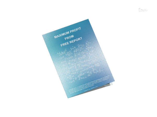 Maximum Profit from free Report eBooklet Mockup floating in mid air with mathematics overlay and a math formula as well as a disclaimer about ownership and Emporiant - Anto Markunovic