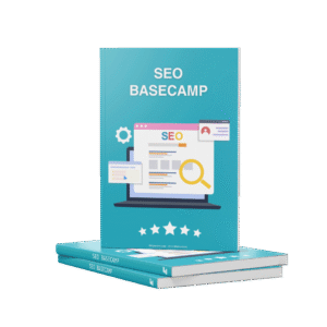 Book Mockup showcasing SEO Basecamp Title with SEO Laptop as well as different overlays with Search lens and Gears, with 5 stars and Emporiant - Anto Markunovic