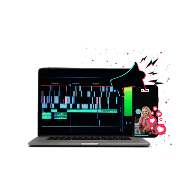 Showcasing Laptop Mockup with editing screen and Phone Mockup with Tiktok Screen & Overlay graphics