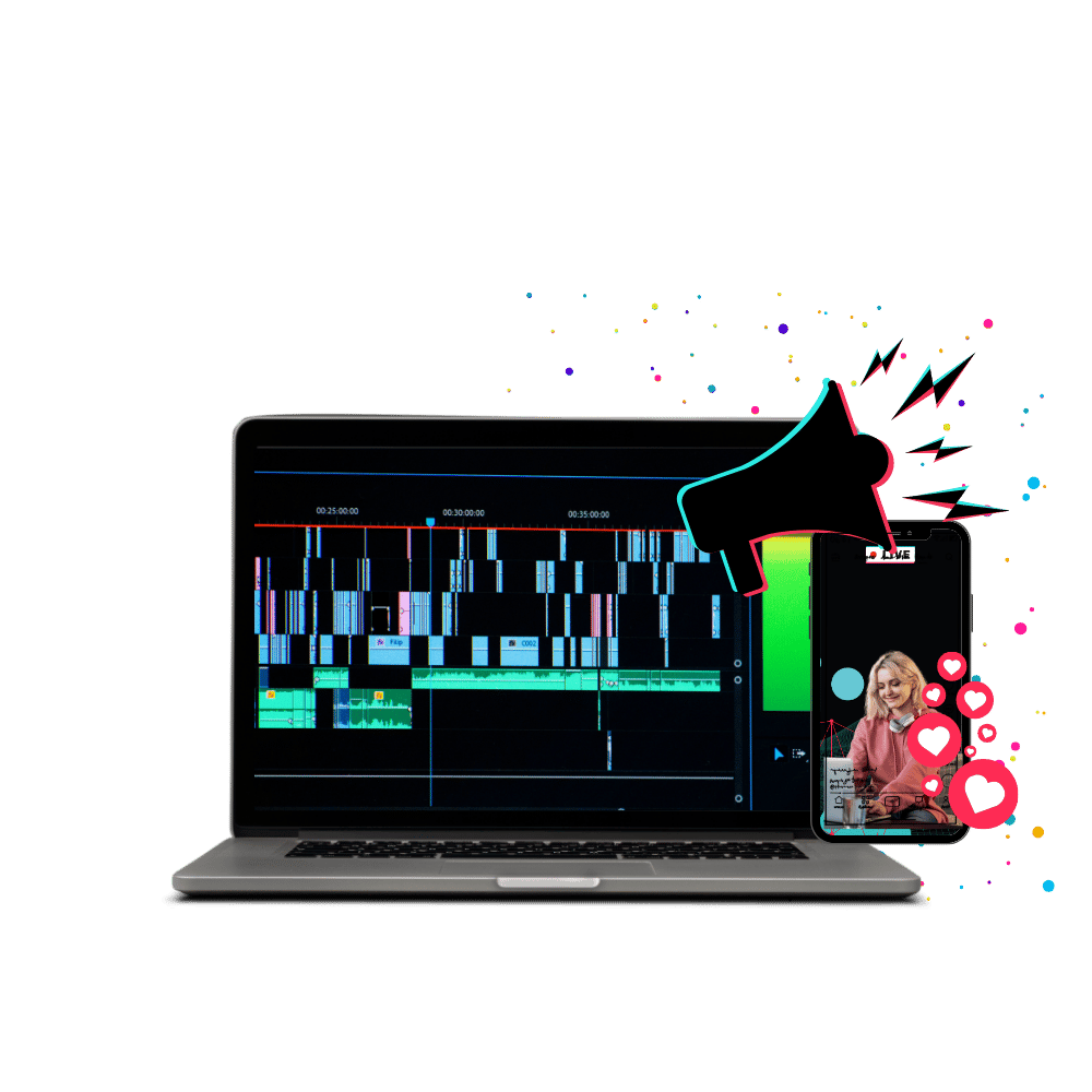 Showcasing Laptop Mockup with editing screen and Phone Mockup with Tiktok Screen & Overlay graphics
