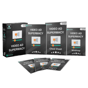 Video Ad Supremacy Big Pack containing multiple mockups of a digital product box, booklets, ebooks and Cheatsheets, Checklist, Mindmap, Resource Sheet with design showcasing a Megaphone and Video Scroll bar