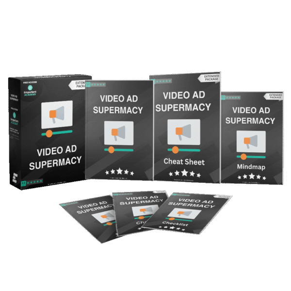 Video Ad Supremacy Big Pack containing multiple mockups of a digital product box, booklets, ebooks and Cheatsheets, Checklist, Mindmap, Resource Sheet with design showcasing a Megaphone and Video Scroll bar