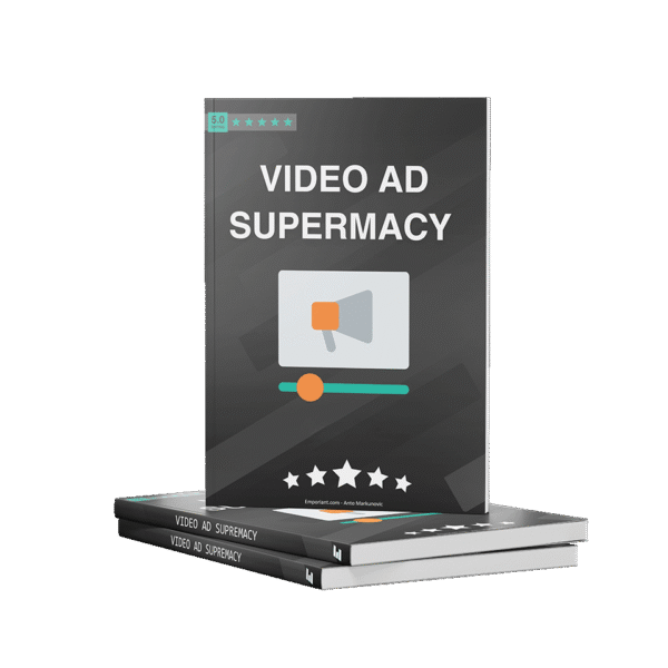 Video Ad Supremacy Book Mockup of 3 books with cover displaying a video icon and a megaphone