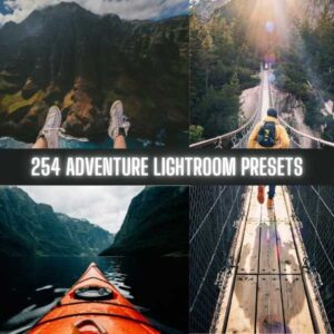 Image Collage of 254 Adventure Lighroom Presets showcasing 3 adventure scenes with proffesional color grading
