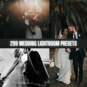 Collage of photos showcasing 299 Wedding Lightroom Presets title with 3 moody wedding images